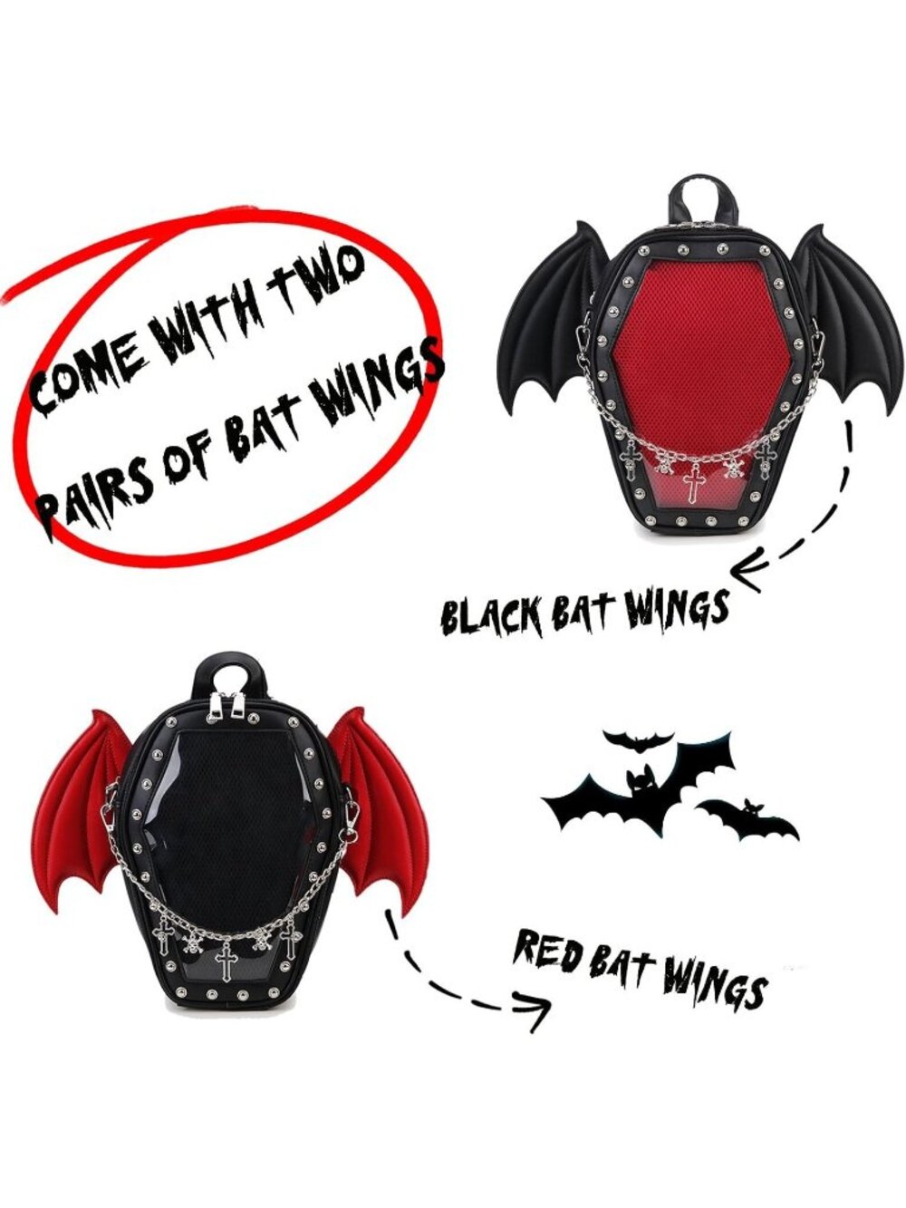 Women’s Black Red Wing Gothic Coffin Purse Halloween PIN Imported Backpack Bag - Picture 3 of 7